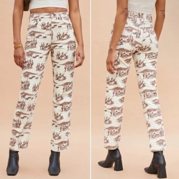 Reformation Sonora Brown White Horse Western Printed Jeans Desert Sand - Picture 2 of 6